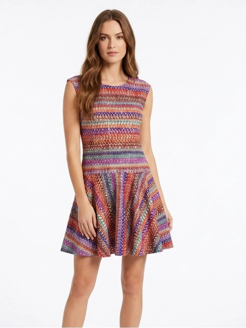 [CeCe] Bitsy Flounce Print Rainbow Stripe Dress